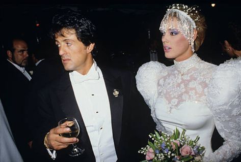 30 Old Photos of Sylvester Stallone and His Wife Brigitte Nielsen During Their Short Time Together ~ vintage everyday Bridget Nielsen, Vivienne Westwood Wedding Dress, Brigitte Nielsen, 80s Wedding, Celebrity Wedding Photos, Gray Lace Dress, 80s Celebrities, Bridal Braids, Sleeved Wedding