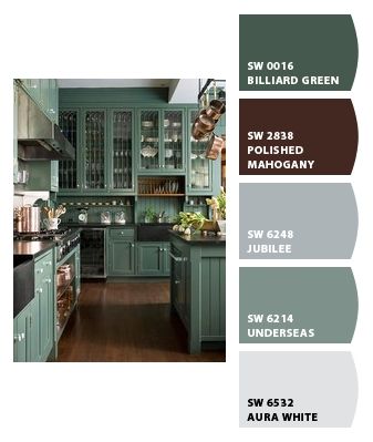 Paint colors from Chip It! by Sherwin-Williams Green Sherwin Williams Cabinets, Billiard Green Sherwin Williams, Sherwin Williams Rocky River, Sherwin Williams Cabinets, Herringbone White Tile, Green Sherwin Williams, Billiard Green, Classic Kitchen Cabinets, Wrought Iron Lights