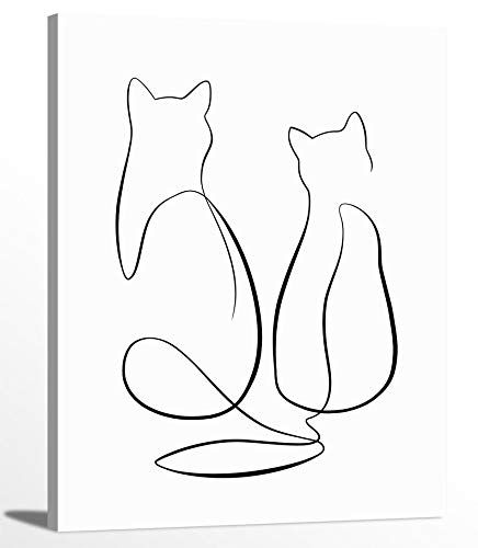 Animal Simple Drawing, Single Line Cat And Dog Tattoo, Cat Line Drawing Simple, Line Art Love Couple Easy, Two Cats Line Art, Cat Continuous Line Drawing, Romantic Wall Art, Cat Couple, Home Office Decoration