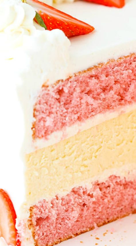 Strawberries and Cream Cheesecake Cake ~ Two layers of strawberry cake and a creamy layer of vanilla cheesecake in the middle... This cake is delicious and hardcore. True cake lovers – please proceed. Strawberries And Cream Cheesecake, Strawberry Cheesecake Cake, Homemade Strawberry Cake, Cream Cheesecake, Vanilla Cheesecake, Cheesecake Cake, Strawberry Cakes, Cake Lover, Cakes Cupcakes