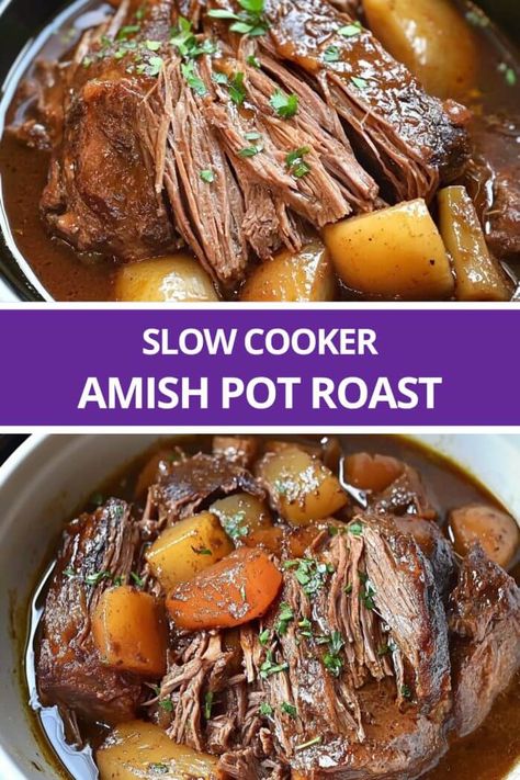 Slow Cooker Amish Pot Roast Crockpot Pot Roast, Cozy Recipes, Roasted Potatoes And Carrots, Slow Cooker Pot Roast, Pot Roast Crock Pot Recipes, Classic Pot Roast, Cooking Prime Rib, Best Pot Roast, Fast Meals