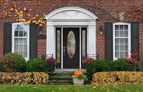 Brick House Front Door Colors, Red Brick House Exterior, Hanging Ferns, Best Front Door Colors, Window Shutters Exterior, Shutter Colors, Best Front Doors, Black Shutters, Front Door Paint Colors