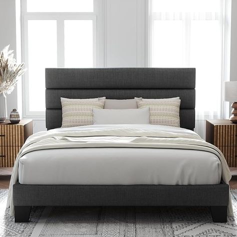 Amazon.com: Allewie Queen Size Platform Bed Frame with Fabric Upholstered Headboard and Wooden Slats Support, Fully Upholstered Mattress Foundation/No Box Spring Needed/Easy Assembly, Dark Grey : Home & Kitchen Queen Size Platform Bed, Wooden Slats, Platform Bed Frame, Upholstered Headboard, Box Spring, Platform Bed, Queen Size, Bed Frame, Dark Grey