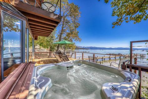 Lakeside Escape- Lakefront, Fireplace, Hot Tub - Cabins for Rent in Tahoe Vista, California, United States - Airbnb Lake Tahoe Cabin, California Getaways, Tahoe Cabin, Lakefront Living, Lakefront Property, Vacation Cabin, Front Deck, Honeymoon Destinations, Beach Sand