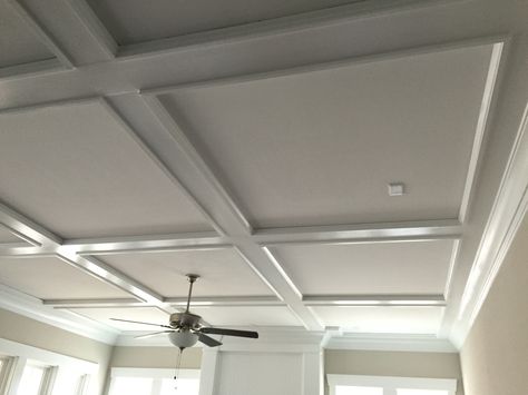 Semi-coffered ceiling 8 Ft Coffered Ceiling, Vaulted Ceiling Molding Ideas, Basement Coffered Ceiling, Low Coffered Ceiling, Ceiling Millwork Ideas, Shallow Coffered Ceiling, Simple Coffered Ceiling, Panel Ceiling Ideas, Hip Ceiling