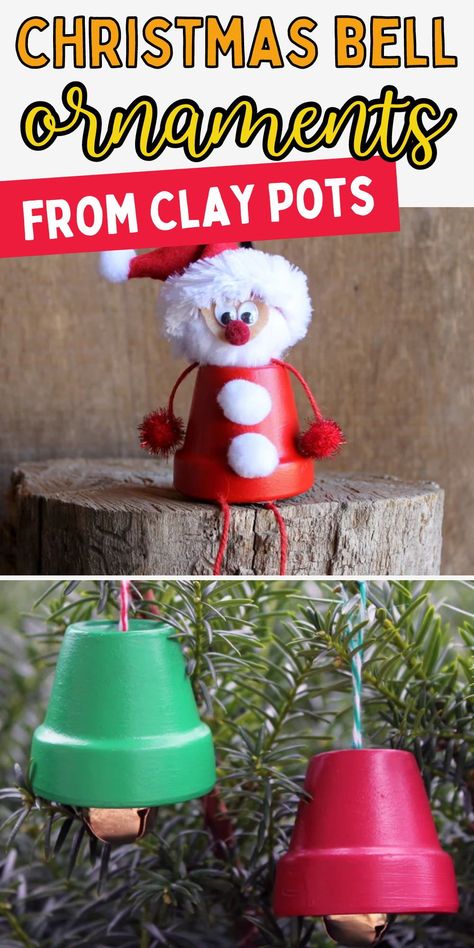 Clay pot crafts. Easy holiday crafts. Fun Christmas crafts for kids. Mini Clay Pot Christmas Ornaments, Christmas Bell Ornaments Diy, Small Clay Pot Crafts Christmas Gifts, Mini Terra Cotta Pot Crafts Christmas, Christmas Clay Pot Crafts, Mini Clay Pot Crafts Christmas, Christmas Clay Pots Ideas, Bell Ornaments Christmas Diy, Terracotta Pots Crafts