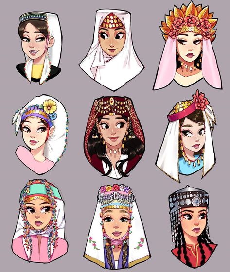 Instagram'da Mikabunni: “A set of various Turkish headdresses. I plan on doing a part 2. Different regions of Anatolia can have vastly different clothing styles.…” Cute Clothes Style, Turkish Character Design, Turkish Character, Turkish Headdress, Turkish Drawing, Traditional Turkish Clothing, Turkish Clothes, Different Clothing Styles, Deku Cosplay