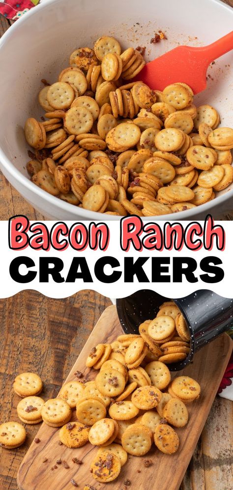 Bacon Ranch Crackers are an easy snack packed with zesty cheesy flavor! Cheese Ritz Bits are oven baked with ranch seasoning and bacon bits in this 30 minute recipe. This is a great recipe for movie nights, school and lunch snacks, and the perfect appetizer for game days! Ranch Crackers, Ritz Bits, Easy Bacon, Bacon Ranch, Ritz Crackers, Ranch Seasoning, Bacon Bits, Perfect Appetizers, Easy Family Meals