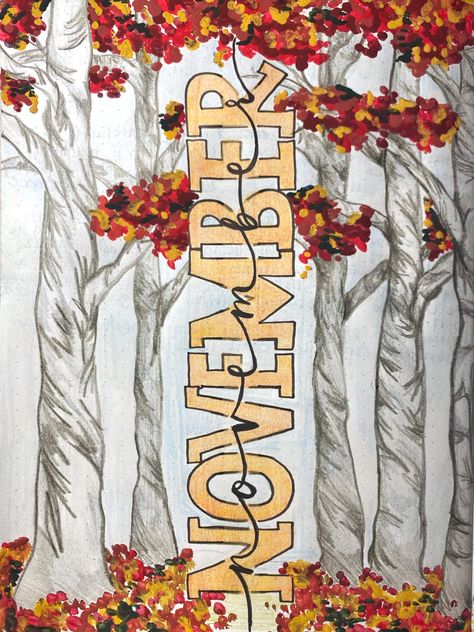 November fall themed bullet journa title page November Art Journal Ideas, November Title Page Bullet Journal, November Hand Lettering, November Title Page, Bujo November Theme, November Header, Bullet Journal Ideas November, November Bullet Journal Theme, November Font