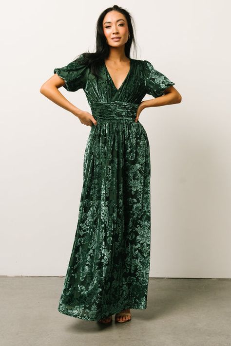 Meghan Velvet Wrap Maxi Dress | Deep Green | Baltic Born Dark Green Boho Bridesmaid Dress, Casual Green Wedding Dress, Sage Velvet Dress, Tennessee Fall Wedding Guest Dress, Baltic Born Green Dress, Embossed Velvet Dress, Unique Wedding Guest Dresses, Velvet Mother Of The Bride Dress, Rustic Wedding Outfit Guest