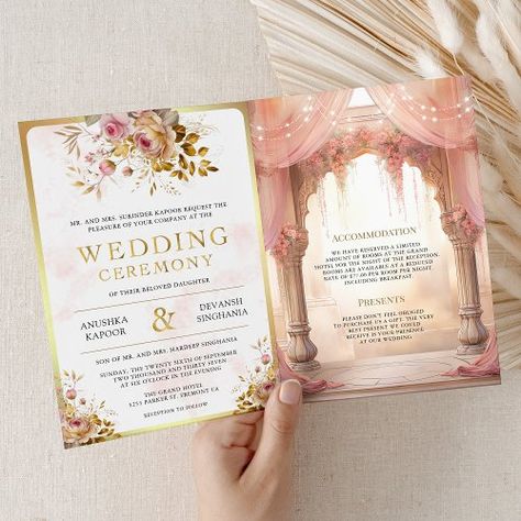 $4.29 | Dreamy Pink Floral Indian Mandap Hindu Wedding - indian wedding, online rsvp website details, all in one, rustic old antique curtain columns, vintage arch gold string lights, magical whimsical dreamy romantic luxury, hindu bollywood style subtle pastel, soft pink flowers ivory cream, traditional ethnic qr code watercolor Indian Wedding Invitation Templates, Pink Invitation Template, Indian Mandap, Indian Wedding Invite, Hindu Wedding Invitation Cards, Luxury Indian Wedding, Indian Wedding Theme, Wedding Evites, Online Rsvp