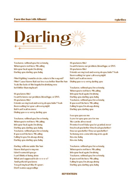 seventeen lyrics Seventeen Darling Lyrics, Svt Lyrics, Husband Wallpaper, Seventeen Darling, Lyrics Kpop, Seventeen Lyrics, Kpop Lyrics, Minimalist Music, Song Lines