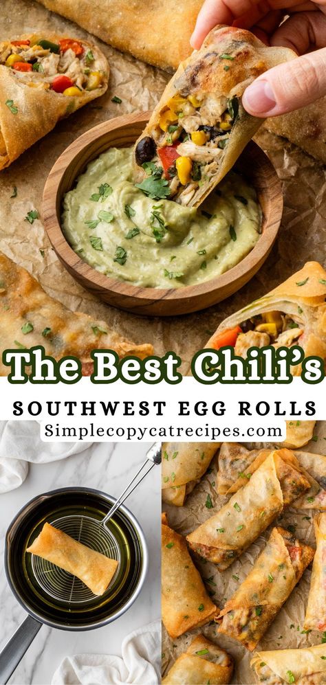 This Chili's Southwest Eggrolls recipe is filled with seasoned chicken, black beans, corn, peppers, onions, and Monterey Jack cheese, all wrapped in a crispy eggroll. This appetizer is served with creamy avocado ranch sauce and is bursting with delicious southwestern flavors. Chili's Southwest Eggrolls Recipe, Chilis Southwest Eggrolls, Southwest Eggrolls Recipe, Eggrolls Recipe, Southwest Eggrolls, Southwest Egg Rolls, Chicken Black Beans, Black Beans Corn, Slow Cooker Lentils