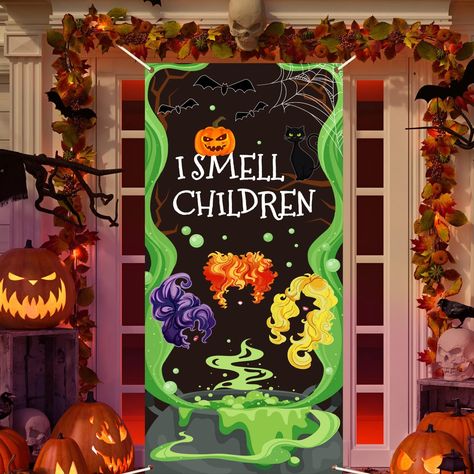 PRICES MAY VARY. 【Halloween Door Decoration】Our Halloween door cover is specially designed for Halloween decoration,the photography backdrop features witch sisters and Halloween's pumpkin, distinctive and eye-catching from traditional door cover, add your porch a sense of prominence, making festive atmosphere more intense. 【Creative Design】Each Halloween door decoration measures 35.4*78.7inch/90*200cm.Because that way you can better decorate your porch.We chose commonly used in Halloween to desi Hocus Pocus Door Decorations For School, Halloween Door Decorating Contest Office, Halloween Door Decorations Contest, Door Decorations Halloween, Halloween Door Decorations Classroom, Witch Door, Witch Sisters, Contest Ideas, I Smell Children