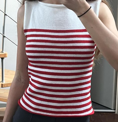 First look at my latest creation: a cotton tank top with stipes ❤️🤍 #knitting #knittingmachine #boatneck #cottonknit Cotton Tank Top, Look At Me, Boat Neck, Machine Knitting, First Look, Tank Tops, Yarn, Knitting, Crochet