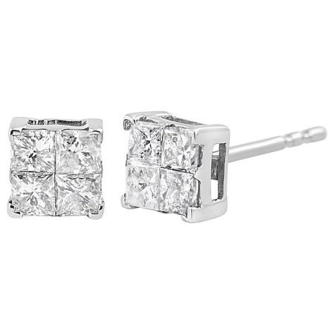 10K White Gold Princess-Cut Diamond Composite Square Shape Stud Earrings | From a unique collection of vintage Stud Earrings at https://www.1stdibs.com/jewelry/earrings/stud-earrings/. Square Diamond Earrings, Princess Cut Stud Earrings, Vintage Stud Earrings, Princess Cut Gold, Rose Gold Earrings Studs, Rose Gold Studs, Square Earrings Studs, Square Diamond, Princess Cut Diamonds