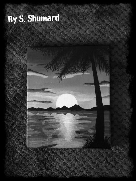 Palm Tree sunset in black/white graywash acrylic painting🏝 Black And White Beach Drawing, Black And White Sunset Drawing, Black And White Scenery Painting, Sunset Drawing Black And White, Painting Easy Sunset, Sunset Scenery Drawing, Acrylic Painting Easy, Sunset Drawing, Drawing Sunset