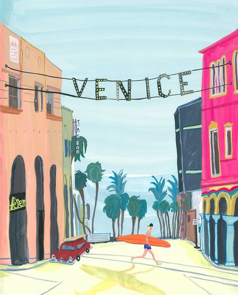 Los Angeles Painting Ideas, California Illustration Graphics, Places Illustration, Venice Beach Art, California Illustration, Venice Beach House, Los Angeles Landscape, Venice Los Angeles, Wedding Postcards