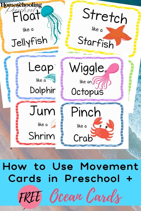 How to Use Movement Cards in Preschool - Homeschooling Preschool Ocean Movement Activities Preschool, Under The Sea Gross Motor Activities, Ocean Animals Prek Activities, Ocean Lesson Plans For Preschool Math, Ocean Movement Cards, Ocean Theme Preschool Activities, Animal Habitats Preschool, Ocean Animals Preschool, Beach Theme Preschool