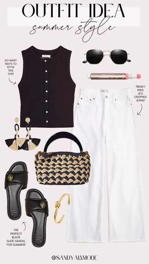 Neutral summer outfit idea | summer style | black and white summer outfit idea | white wide leg jeans | black button down top | Target finds | Target straw handbag | black slide sandals | raffia summer sandals | gold knot bangle | tarte juicy lip oil | designer inspired white sunglasses Black Sandals Outfit Summer, Tarte Juicy Lip, Black Sandals Outfit, Wide Leg Jeans Black, Neutral Summer Outfits, Sandals Outfit Summer, Black Slide Sandals, White Wide Leg Jeans, White Summer Outfits