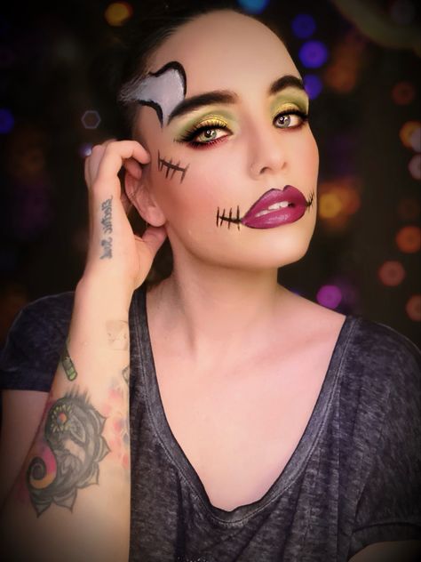 Frankenstein Girl Costume, Bride If Frankenstein, Momster Halloween Makeup, Easy Frankenstein Costume, Girl Frankenstein Makeup, Girl Frankenstein Costume, Halloween Frankenstein Makeup, Monster Makeup Easy, Frankenstein Face Paint