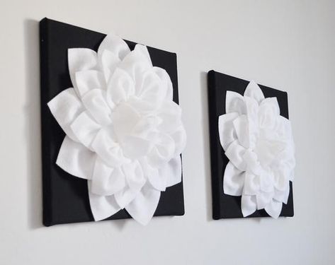 Flower Wall Hangings White Dahlia on Black 12 x12 | Etsy Black And White Bedroom Wall Decor, Black And White Room Decor Bedroom, Black And White Bathroom Ideas Decor, Blush Pink And Black Bedroom, Black And White Bathroom Decor Ideas, Black White And Grey Bathroom Ideas, Black White And Gray Bathroom, Black Themed Bathroom, White Bathroom Wall Decor