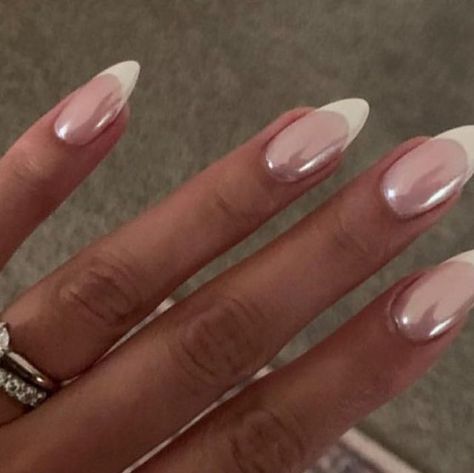 Nails on Instagram: "Chrome over classic French 🤍" Simple Chrome French Tip Nails, French Nail Crome, French Tip Crom Nails, White French Crome Nails, Fresh Chrome Nails, Chrome French Dip Nails, French W Chrome, Nail Inspo Chrome French, Almond Nails French Chrome