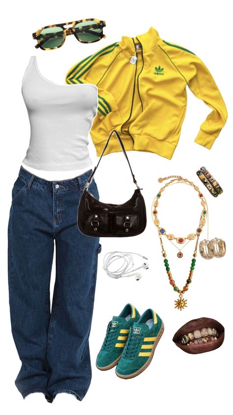 Wide Leg Denim Pants, Low Rise Baggy Jeans, Yellow Adidas, Outfit Inspo Casual, Adidas Outfit, Swaggy Outfits, Simple Trendy Outfits, Style Streetwear, Green And Yellow