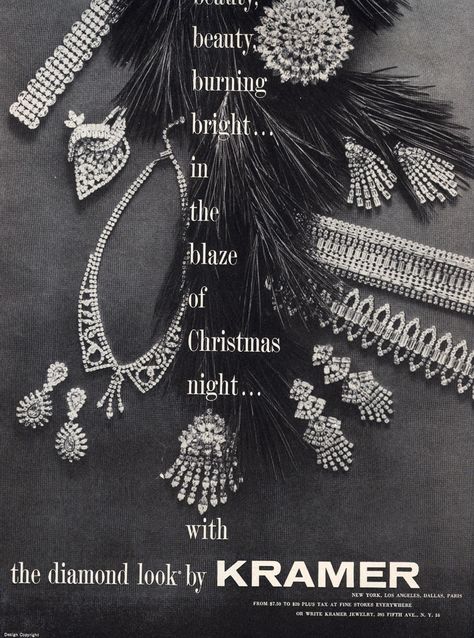 Vintage Kramer jewelry ad for elegantly beautiful diamond look pieces (1956). #1950s #vintage #jewelry #ads Jewelry Branding Ideas, Jewellery Advertising, Jewelry Ad, Logo Jewelry, Jewelry Editorial, Sparkle Bracelet, Jewelry Ads, Jewellery Marketing, Mid Century Jewelry