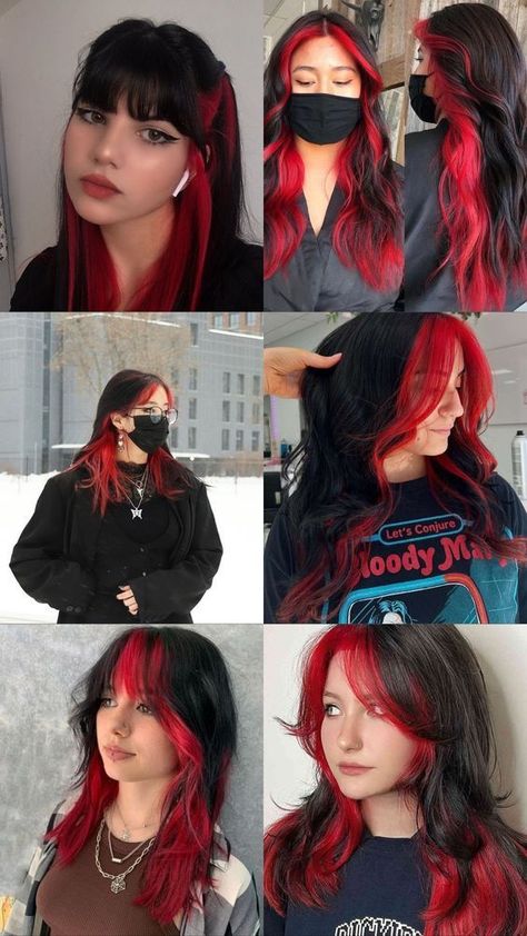 Wispy Bangs Colored Hair, Layered Hair With Color, Money Piece Hair And Peek A Boo, Halo Vivid Hair Color, Dyed Fringe Only, One Section Of Hair Dyed, Red And Brown Ombre Hair, Black And Dyed Hair, Inner Colour Hair