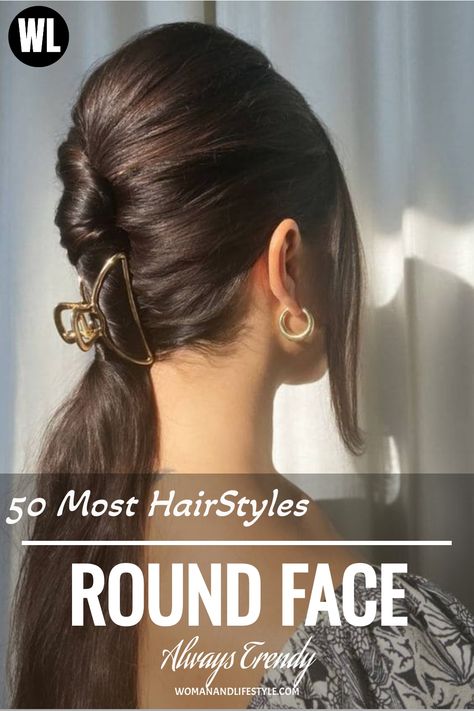 Effortless claw clip hairstyle for round face ladies, perfect for casual looks Round Face Outfit, Ponytail For Round Face, Round Face Ponytail, Hairdo For Round Face, Hairstyles For Round Face, Hair For Round Face Shape, Claw Clip Hairstyles, Flattering Hairstyles, Round Face Shape