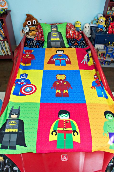 My son asked for a superhero themed room, inspired by the Lego Batman movie, I'm sure! I was happy to oblige and decorate with Lego Superheroes! Lego Superhero Bedroom, Batman Room Ideas Boys, Batman Room Ideas, Lego Bedroom Decor, Room Ideas Boys, Superhero Theme Bedroom, Lego Themed Bedroom, Batman Themed Bedroom, Super Hero Room Decor