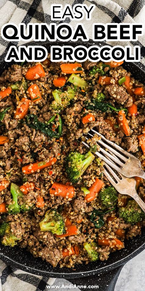 Quinoa beef and broccoli with carrots takes under 20 minutes to make. Everything is cooked in one pan with simple, easy ingredients. This can be enjoyed as-is because it contains a serving of whole grains, protein and vegetables. Consider making a large batch and enjoying for as lunches throughout the week. Quinoa And Meat Recipes, Quinoa Beef Recipes, Hamburger And Quinoa Recipes, Quinoa Recipes With Meat, Ground Beef Quinoa, Broccoli And Carrots, Beef Ideas, Broccoli Quinoa, Fried Quinoa