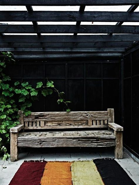 ♥ Cottage Style Porch, Garden Sleeper Ideas, Timber Exterior, Italian Terrace, Italian Cottage, Porch Bench, Rustic Bench, Modern Garden Design, Cottage In The Woods