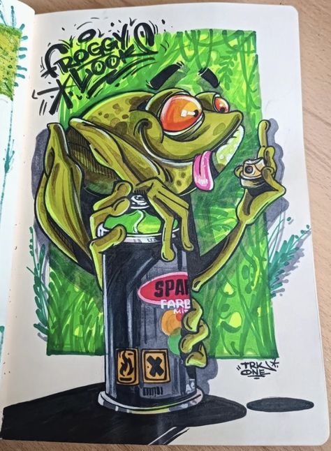 Cartoon Frog Drawing, Frog Graffiti, Cool Graffiti Art, Skateboard Art Design, Cool Tattoo Drawings, Graff Art, Cartoon Style Drawing, Cartoon Character Tattoos, Pop Art Drawing