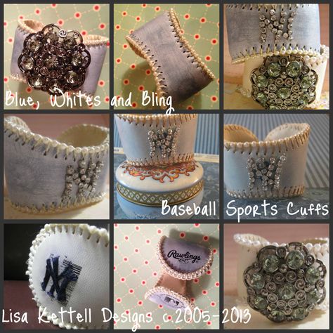 Blue and whites, Baseball Sports Cuffs, Lisa Kettell Designs c.2005-2013 Baseball Bracelets, Baseball Bracelet, Baseball Decor, Sports Baseball, Key Chains, Boutonniere, Creative Crafts, Repurpose, Jewelry Ideas