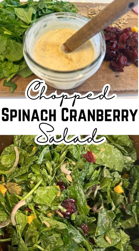 This easy recipe makes the best chopped spinach salad... t's sweet and savory and perfect with red onion, cheddar, cranberries and sun flowers seeds! All wrapped up in a the perfect creamy dressing! Cranberry Orange Spinach Salad, Spinach And Cranberry Salad, Spinach Cranberry Salad, Cranberry Salad Dressing, Chopped Spinach Salad, Spinach Salad Dressing Recipe, Salad With Creamy Dressing, Chopped Salad Dressing, Spinach Salad Dressing