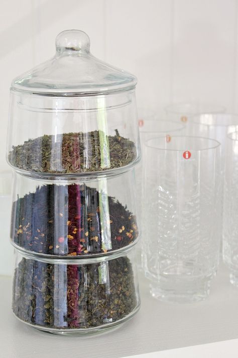 Clever Idea for Storing Loose Leaf Tea: Vintage Stacked Glass Container Tea Leaves Storage, Loose Leaf Tea Display, Loose Leaf Tea Storage Organizing, Loose Leaf Tea Station, Storing Tea Bags Ideas, Loose Tea Storage Ideas, Loose Leaf Tea Organization, Tea Storage Ideas Loose Leaf, Tea Container Storage Ideas