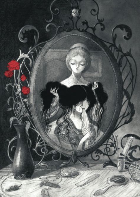 Isabella Mazanti Carmilla Novel, Carmilla And Laura Fanart, Isabella Mazzanti, Lover Illustration, Mirror Illustration, Vampire Illustration, Bel Art, Art Noir, Fairytale Art