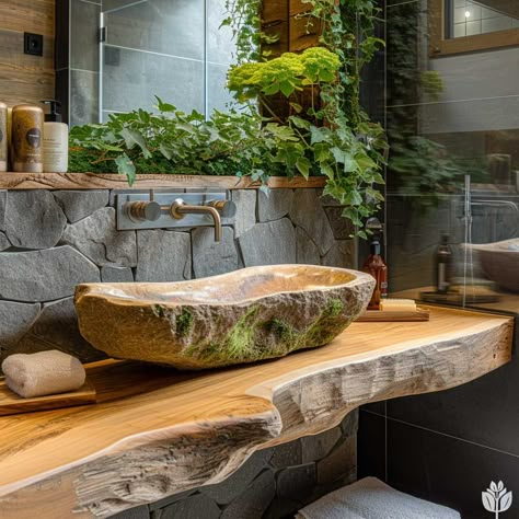 20+ Fresh and Functional Ideas for a Bathroom Makeover • 333+ Art Images Nature Aesthetic Bathroom, Cave Bathroom Design, Bathroom Stone Sink, Live Edge Bathroom Counter, Wooden Sinks Bathroom, Pebble Bathtub, Natural Stone Bathroom Ideas, Stone Basin Bathroom, Bathroom Sink Aesthetic