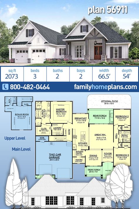 Country, Craftsman, Southern, Traditional House Plan 56911 with 3 Beds, 2 Baths, 2 Car Garage Southern Traditional, Country Craftsman, Garage House Plans, Farmhouse Style House Plans, Traditional House Plans, Family House Plans, 2 Car Garage, House Plans Farmhouse, Craftsman House Plans