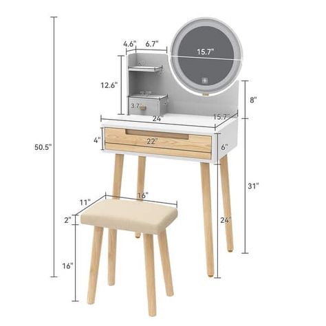 Vanity Desk Set with Adjustable Lighted Mirror & Storage Shelf Vanity Table with Drawer 24" Makeup Vanity Compact Dressing Table - Bed Bath & Beyond - 41073012 Tiny Dresser, Makeup Table With Lights, Tiny Vanity, Compact Dressing Table, Small Space Vanity, White Vanity Table, Small Makeup Vanities, Mirror Storage, Shelf Vanity