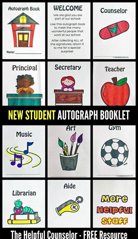 New Student Activity: Autograph Booklet FREE Download Ra Activities, Elementary Counselor, Individual Counseling Activities, Counselor Activities, Our Class Is A Family, Elementary School Counseling Lessons, Counseling Games, Student Games, Tips For School