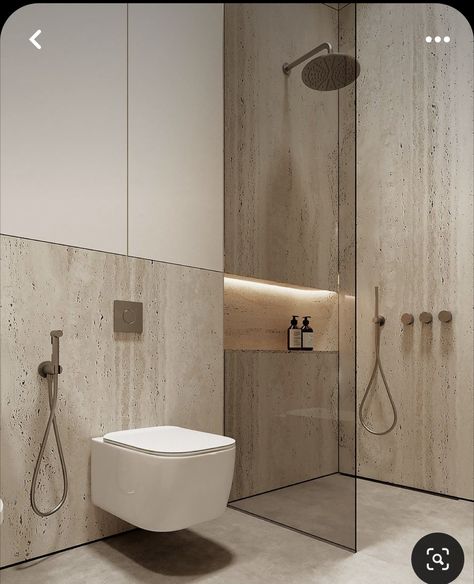 Minimalist Toilets, Travertine Bathroom, Minimal Bathroom, Minimalist Bathroom Design, Shower Designs, Bathroom Design Decor, Toilet Design, Bathroom Inspiration Decor, Corner Shower