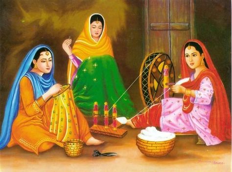 Punjabi women Punjabi Women Painting, Pakistan Art Culture, Punjab Illustration Art, Punjabi Culture Painting, Punjabi Culture Art, Rangla Punjab, Punjabi Art, Punjab Culture, Village Scene Drawing