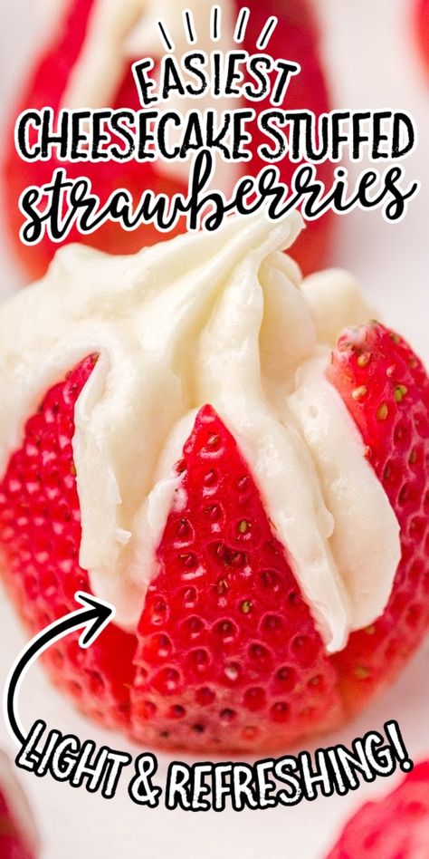 These cheesecake stuffed strawberries have a sweet cream cheese filling piped into fresh strawberries. You can whip up this tasty dessert in less than 20 minutes. Quick And Easy Cheesecake, Cheesecake Filled Strawberries, Strawberry Cream Cheese Filling, Cheesecake Stuffed Strawberries, Cheese Cake Filling, Stuffed Strawberries, Fresh Strawberry Recipes, Strawberry Cheesecake Recipe, Cake Filling