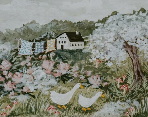 Cottage Illustration, Deckle Edge Paper, Cottage Windows, Name Paintings, Farm Paintings, Cottage Painting, Painted Cottage, Feminine Art, Summer Cottage