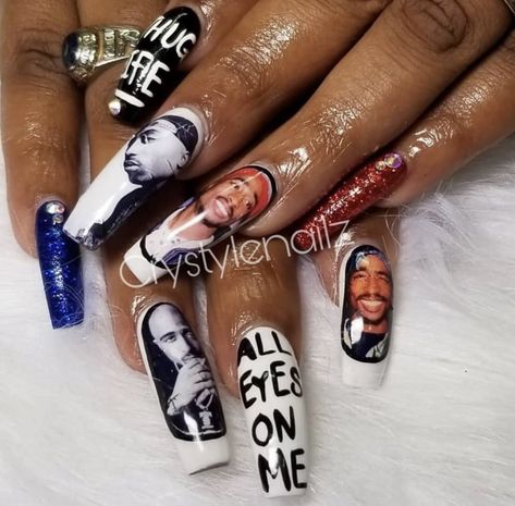 2pac Nails, Bhm Nails, Tupac Nails, Chola Nails Designs, Natural Nails Gel, Nails Gel Acrylic, Acrylic Nail Designs Coffin, Gucci Nails, Long Acrylic Nail Designs