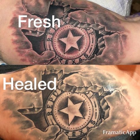 Texas seal tattoo Done by: Derek Kastning     Owner: HYDRA Tattoos                 Tyler Texas                 (903)530-4432 Texas Arm Sleeve Tattoo, Republic Of Texas Tattoo, Texas A&m Tattoo, Texas Sleeve Tattoo Women, Texas Style Tattoos, Texas Theme Tattoo, Texas Tattoo For Men, Texas Flag Tattoo, Jesse Tattoo