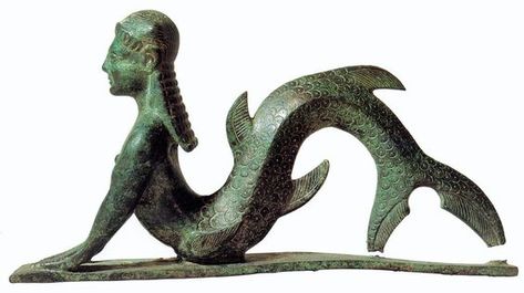 Etruscan bronze statuette representing a beautiful artistic interpretation, presumably of Scylla or another sea creature. Antiquarium of Corciano, Perugia, Italy; Nerious or a Nerad Roman bronze statue; Etruscan mythology BC – 100 BC) - Cultural History of The Sirens of Homer's Odyssey I Etruscan Mermaid 5th Century BC - Patrick Nicholas-Art Photographer Creature Marine, Prehistoric Art, Ancient Sculpture, Vintage Mermaid, Beautiful Mermaids, Iron Age, Mermaid Art, Bronze Statue, Ancient Artifacts